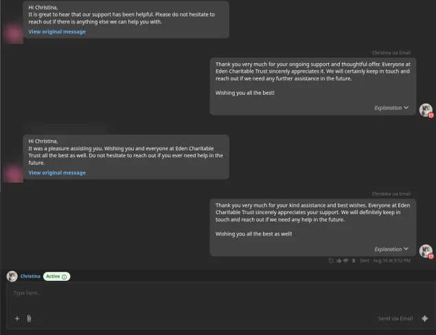 Conversations inbox in the Vandiya Business App, with the virtual receptionist replying to a customer