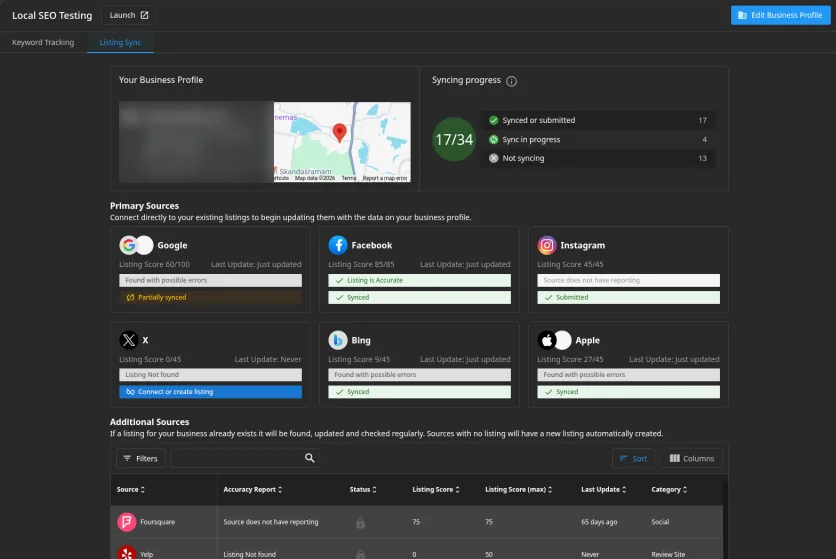 Listing Sync screen showing sync progress and listing status on Google, Facebook, Instagram, Bing and Apple